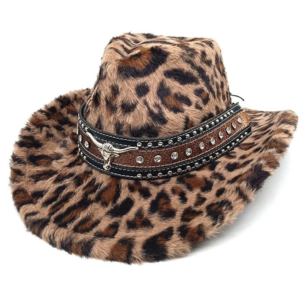 Leopard Print Faux Fur Cowboy Hat Rivet Detail Plush Western Hat Photoshoot Props