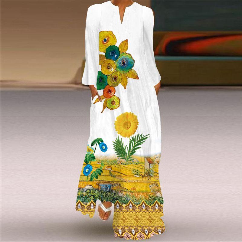 2025 Spring and Summer Fashion New Women's Retro Butterfly Print Long Dress Chiffon V Neck Long Sleeves Pocket Dress
