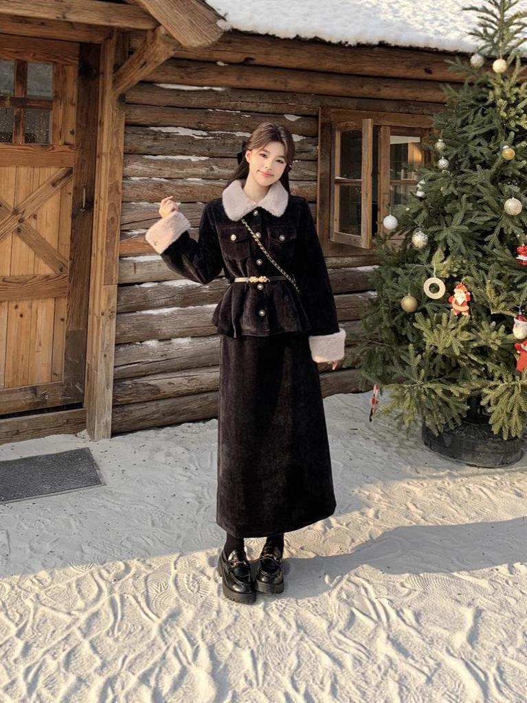2025 Winter Women's Plus Size Slimming Fur Collar Jacket & Belted Skirt Set