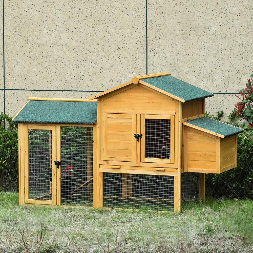 Dwarf chicken coop with run and brooder. Weatherproof sealed fir wood. Asphalt roof. Yellow+Green