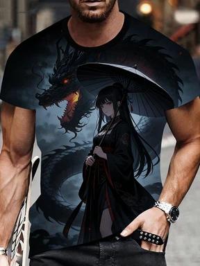 A 3D Printed T-shirt Featuring Anime Dragons and Women, Casual Round Neck and Short Sleeves for Men, Suitable for All Seasons, Regular Fit