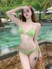Fresh Green Sexy Bikini Set: Three-Piece Beach and Hot Spring Swimsuit, Perfect for Women with Fair Skin and Small Bust.