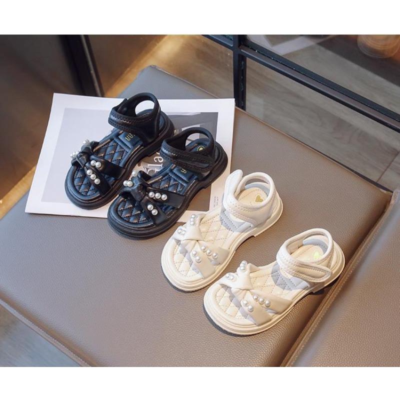 New Summer Girls' Sandals - Fashionable Pearl Princess Shoes with Non-Slip Hook & Loop Closure for Beach Wear