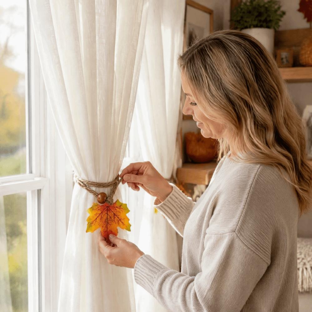 2Pcs Handcrafted Autumn Curtain Hold Back Simulated Maple Leaf Fall Leaf Curtain Strap Thanksgiving