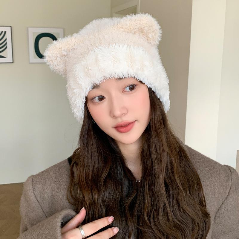 

Autumn and winter hats women s solid color versatile knitted wool hats winter warm cute ear pullover hat ear protector cold hat new Average Size