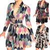 Women's Deep V-Neck Button Long Sleeve Dress  Printed Dress With Ruffles