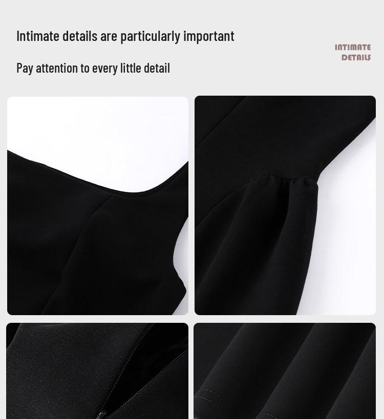 Women's Summer Hepburn Style Black A-line Mini Dress with Cinched Waist and Spaghetti Straps - Elegant and Sleeveless
