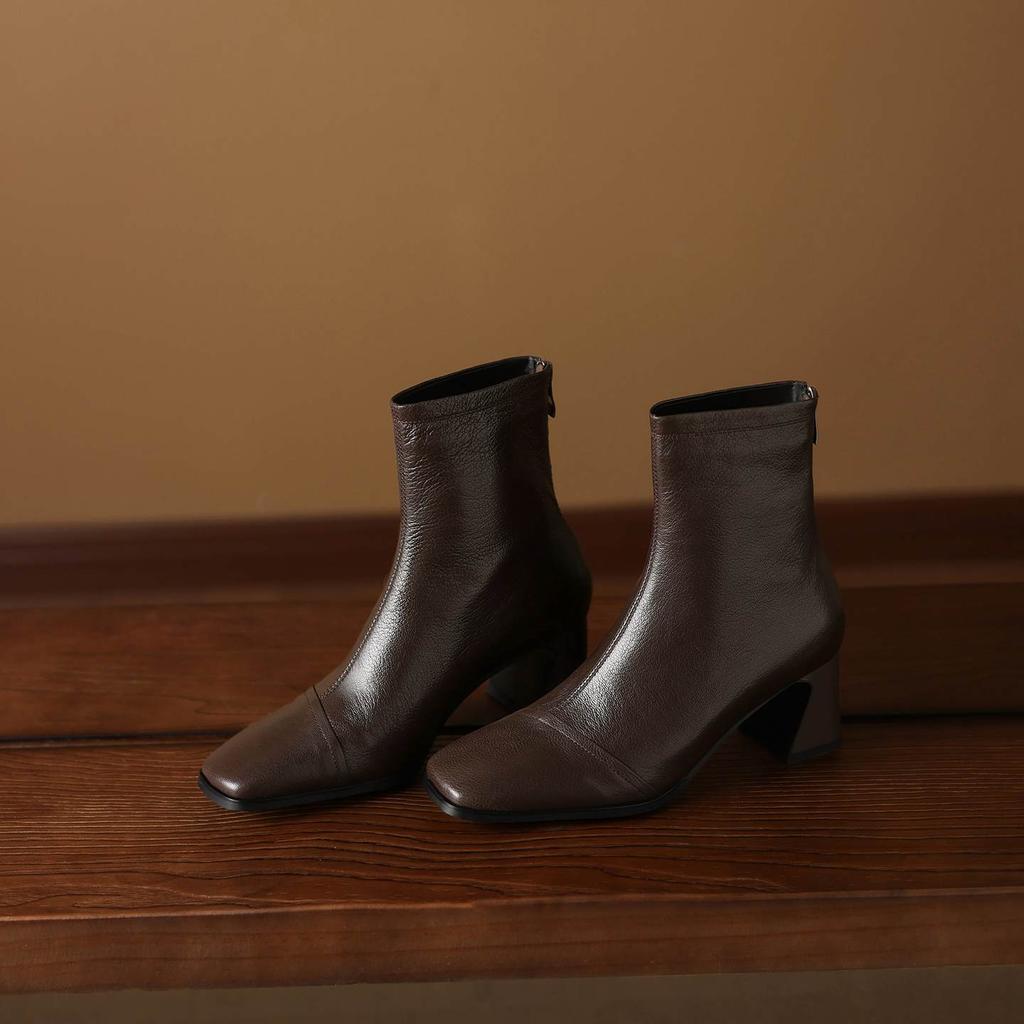 Krazing Pot Sheepskin Winter Square Toe Modern Boots Thick High Heels Zipper Women Ankle Boots