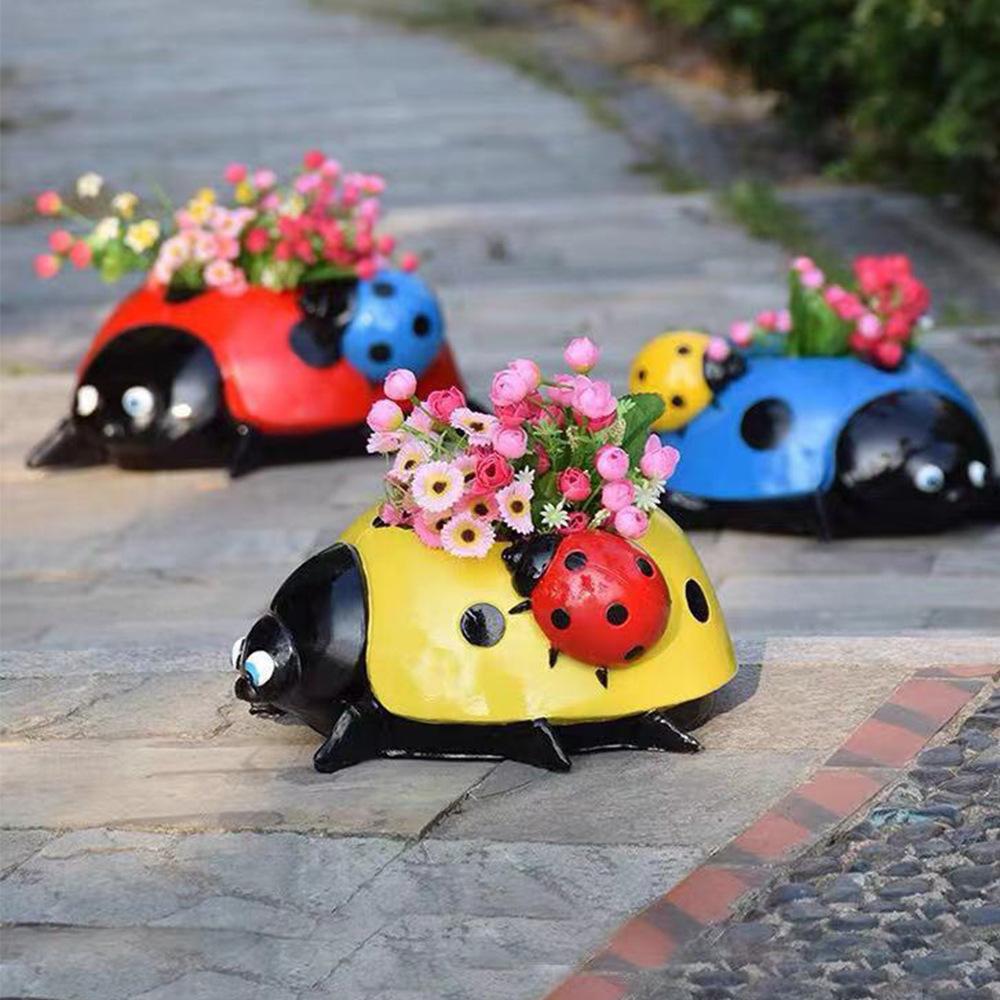 Metal Ladybug Flower Pot Seven-star ladybug flower pot resin craft ornament for garden decoration