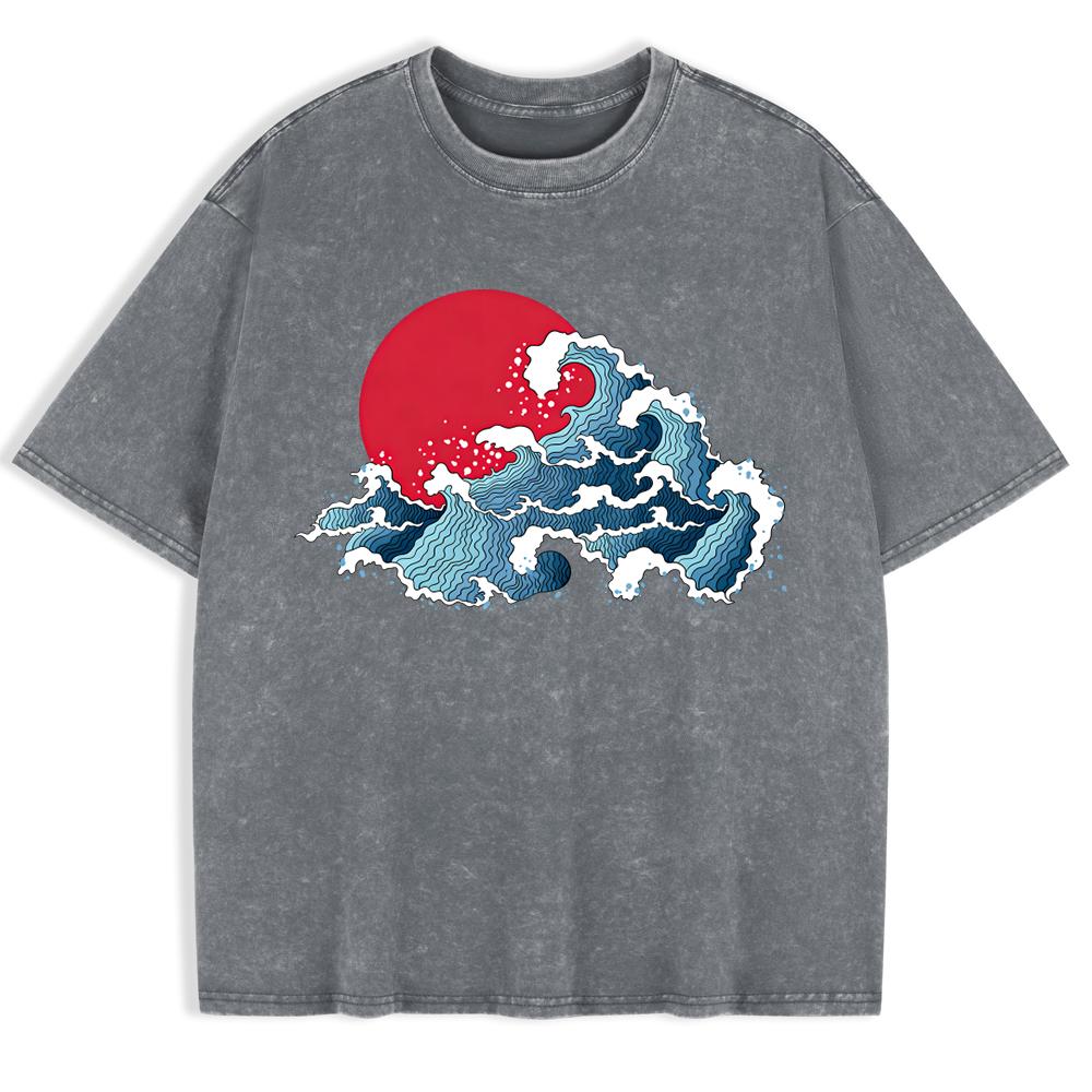 Japanska Harajuku Vågmönster Tvättade T-shirts Herr Bomull Överdimensionerad T-shirt Sommar Rund Hals Kortärmade Toppar Mjuka Kläder