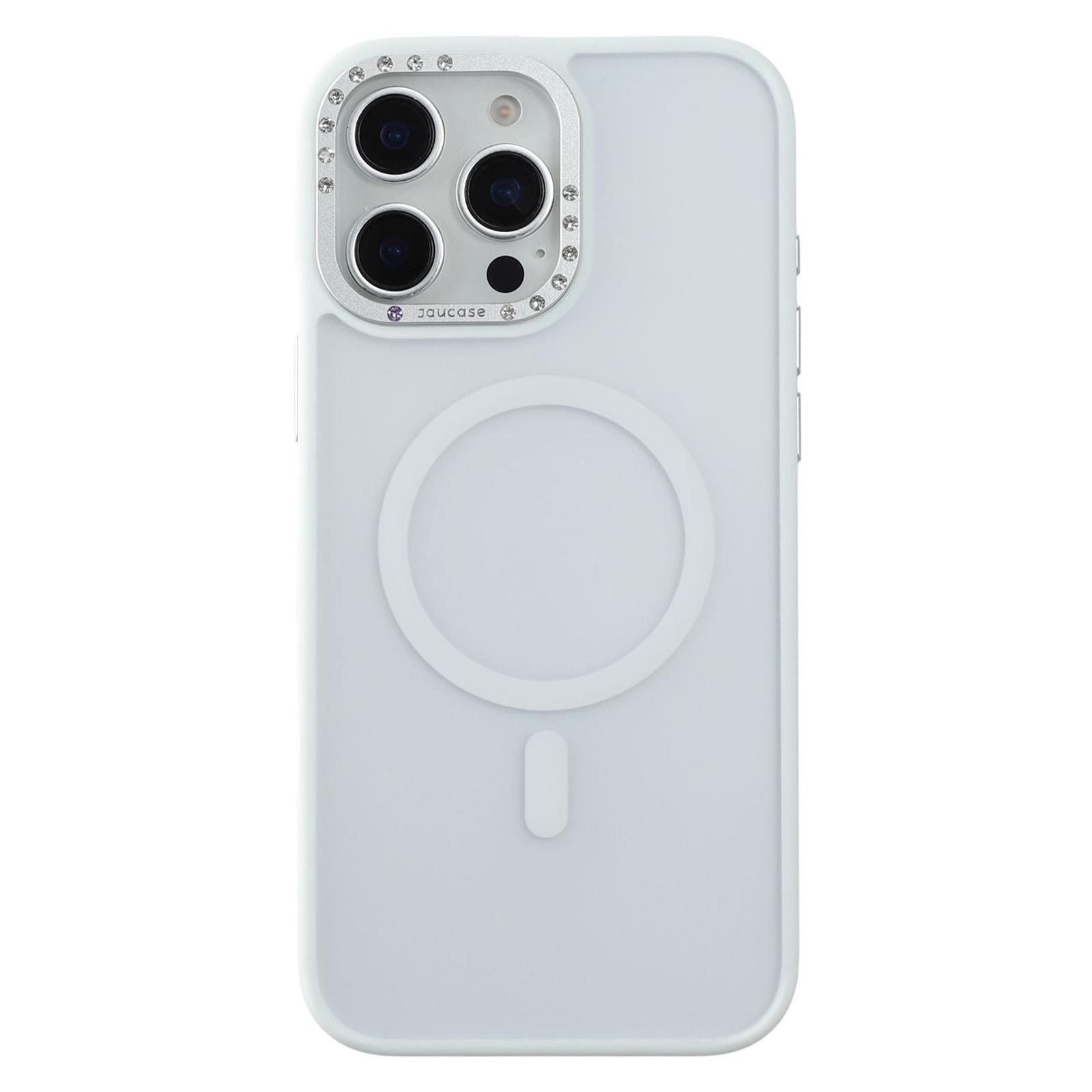 

JAUCASE For iPhone 14 Pro Magnetic Case Rhinestone Decor Lens Frame TPU+PC Phone Back Cover White