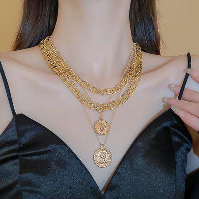 European & American Hip-hop Multi-layer Portrait Pendant Clavicle Necklace for Women