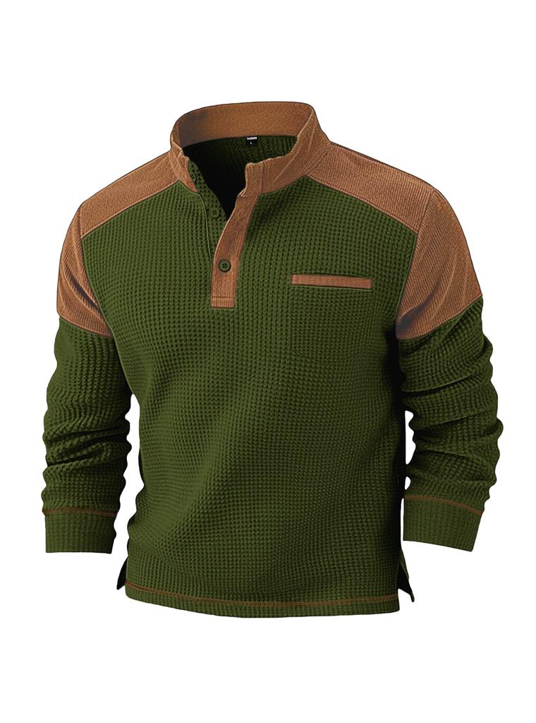 Men's Waffle Corduroy Sweatshirt Winter Stand Collar Long Sleeve Casual Top with Fake Pockets