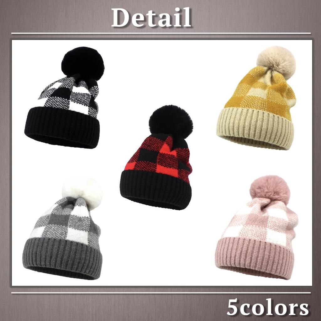 Knitted Check Pattern Hat with CP868 [One Limitation] Pom-Pom, Acrylic, Casual, Women's (Red)