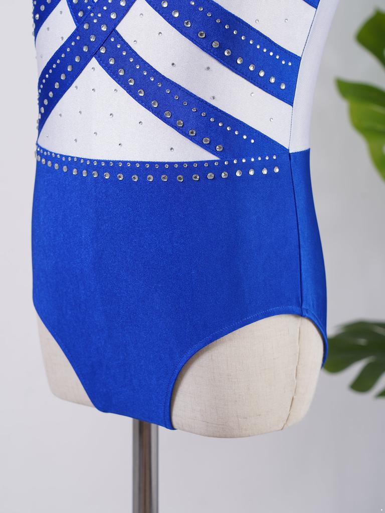 Mädchen Funkelnder Strass-Ärmelloser Body mit Schlüsselloch-Rücken und Farbblock für Eiskunstlauf, Gymnastik, Tanzwettbewerb
