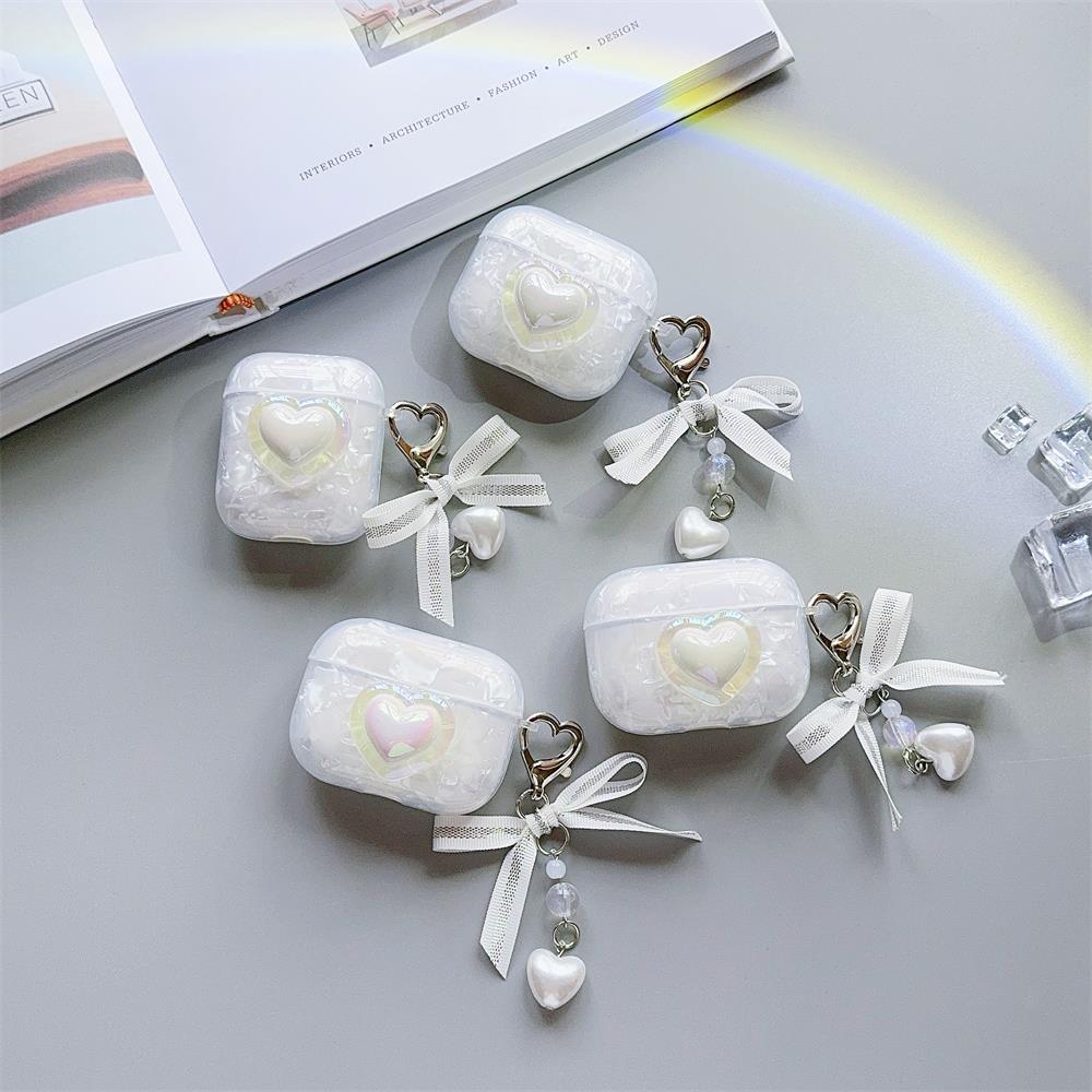 

White Love Earphone Case For Apple Airpods Pro 2 Shell Texture Protection Case For Airpods 3 Cover With Bow Knot Chain Fashion For Airpods 1 2 белый