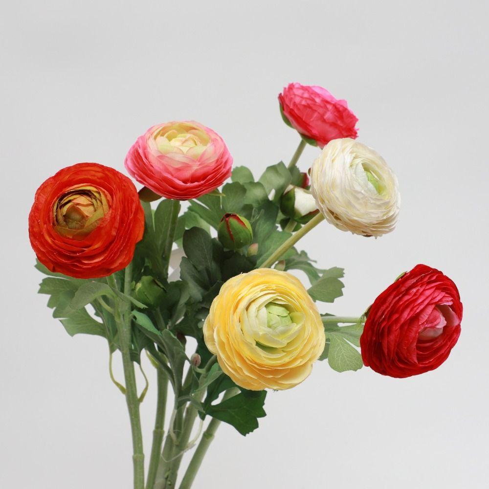 Plastic Material Artificial Flower 2 Head Design Realistic Texture Artificial Ranunculus Asiaticus Silk Fabric Faux Bloom