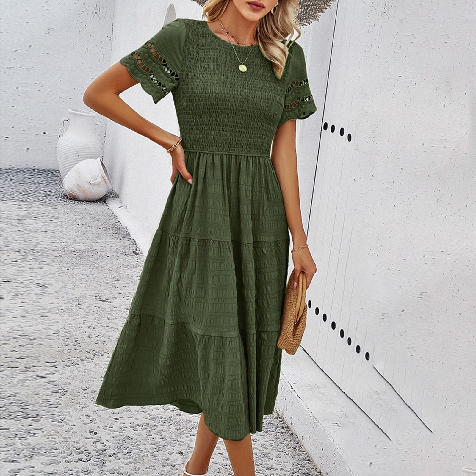 

Женское модное однотонное платье свободного кроя с круглым вырезом и короткими рукавами M