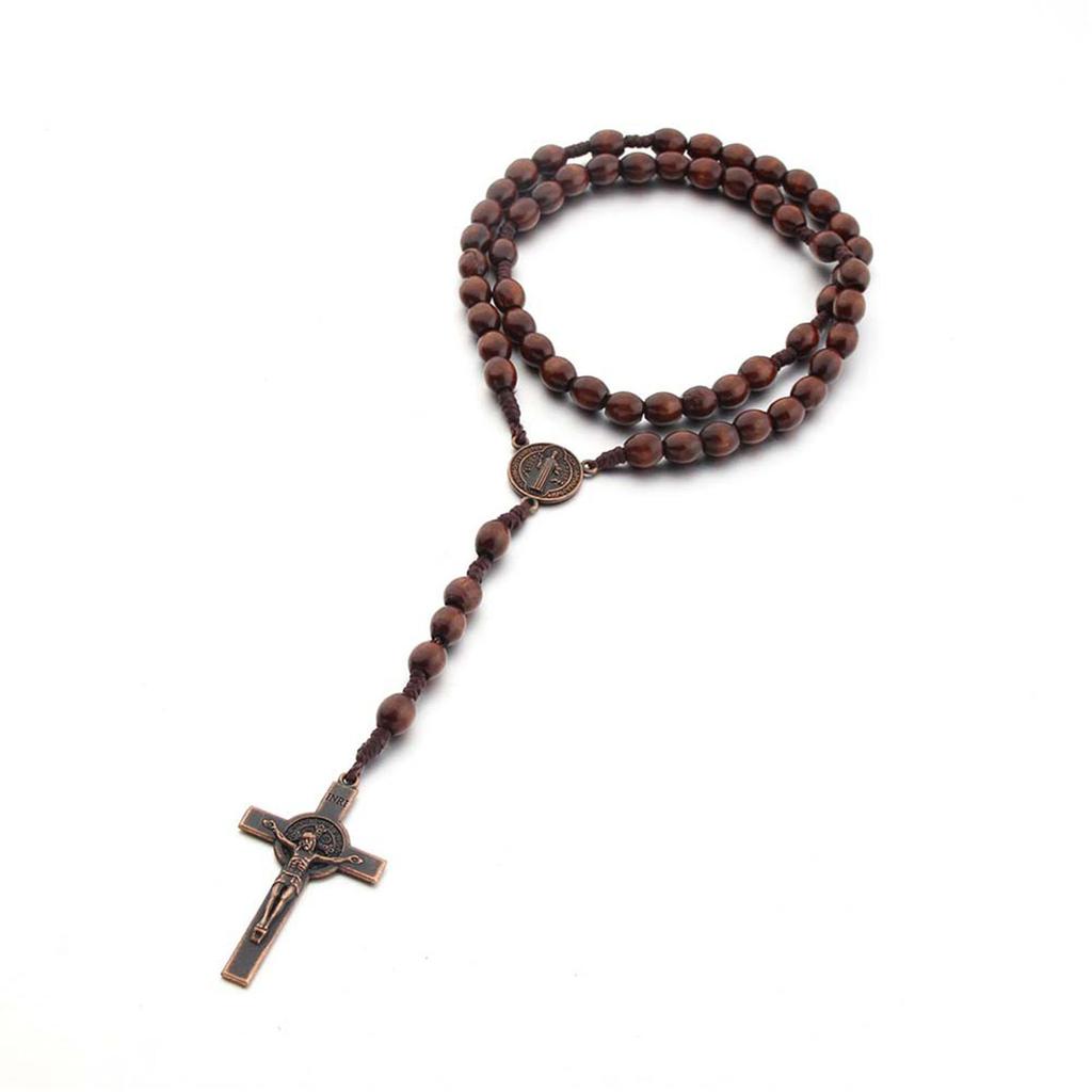 Wooden Beads Rosary Necklaces Christian Religious Cross Pendant Necklaces for Women Men Long Chain Jewelry Gift