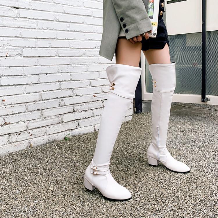 

Новые модные большие сапоги выше колена на толстом каблуке и среднем каблуке с пряжкой на ремне