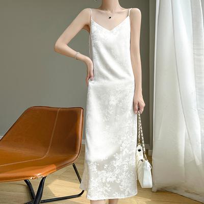 Novo Vestido de Verão Acetato Cetim Suspensório para Mulheres Decote V Cor Sólida Estampado Temperamento Slim Base Sexy Saia Longa
