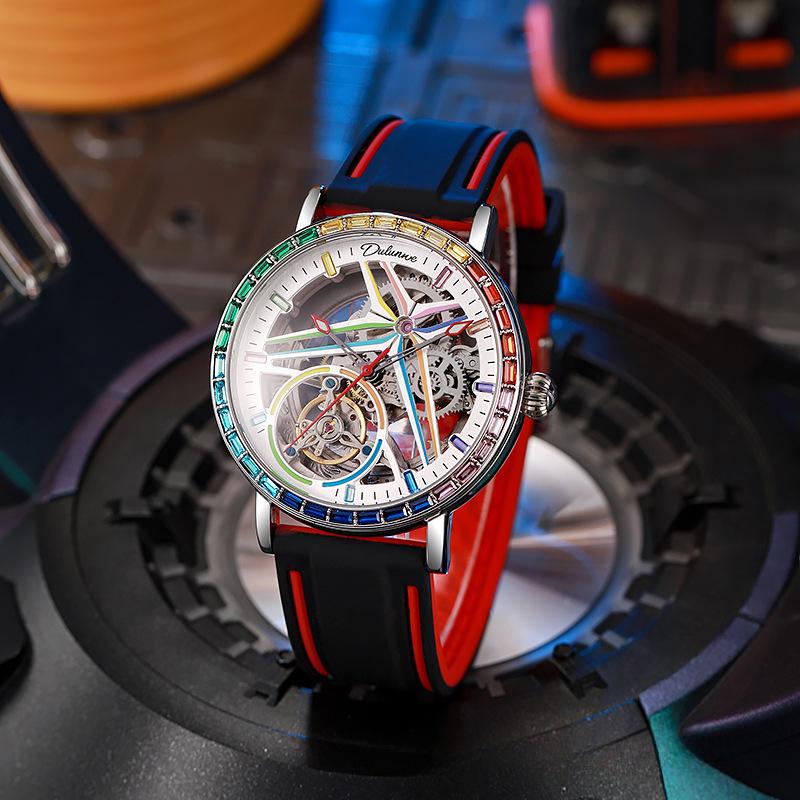 Dulunwe Regenbogenfarbene Edelstein-Tourbillon-Mode-Skelettuhr für Herren, wasserdicht bis 30 m, Sportuhren, luxuriöse automatische mechanische Armbanduhr