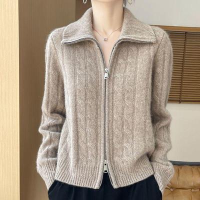 Women's Cashmere Wool Cardigan Sweater with Double Zipper