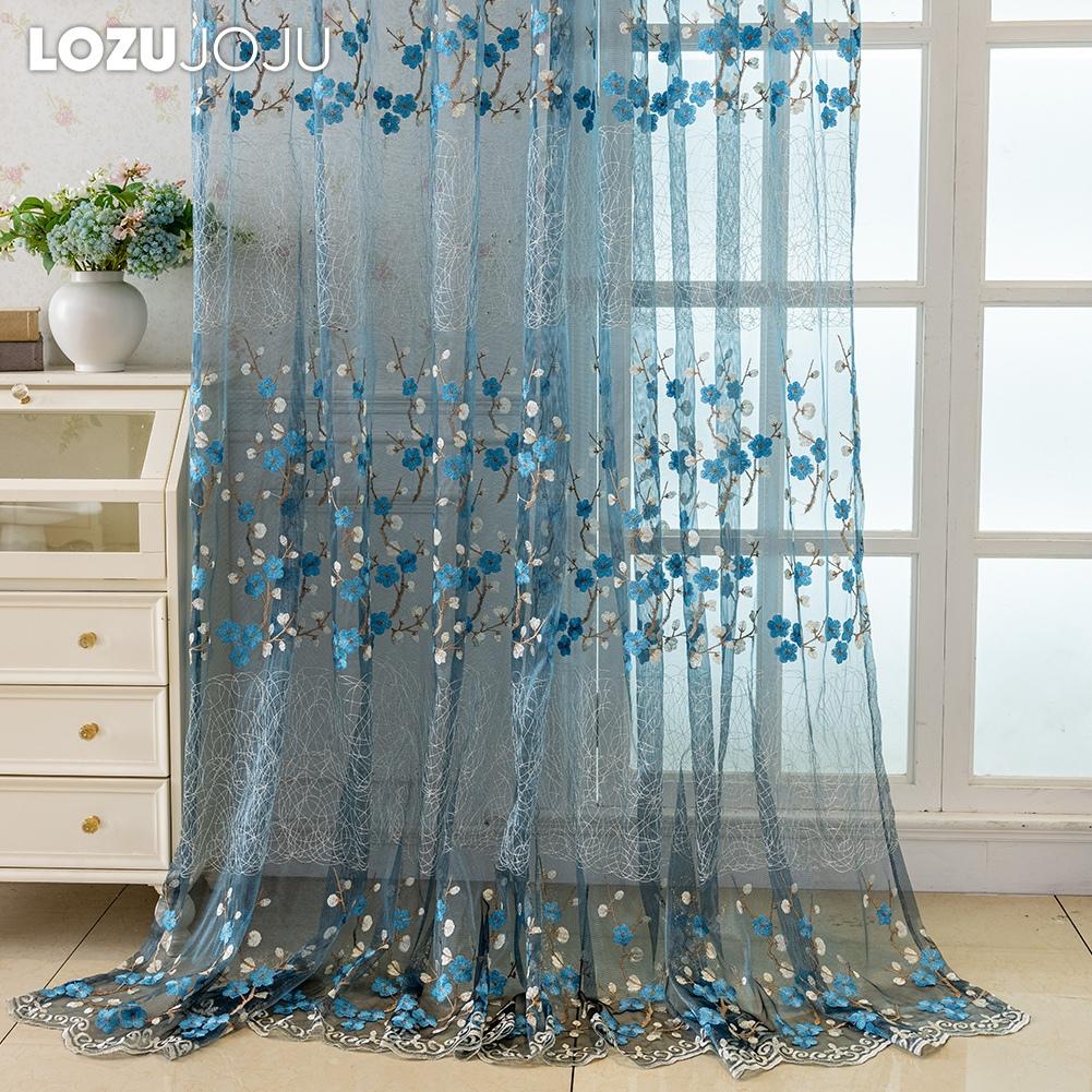1PC LOZUJOJU European Retro Embroidered Sheer Curtain, Plum Blossom Pattern Transparent Curtain for Living Room Bedroom Balcony Window Home Decor