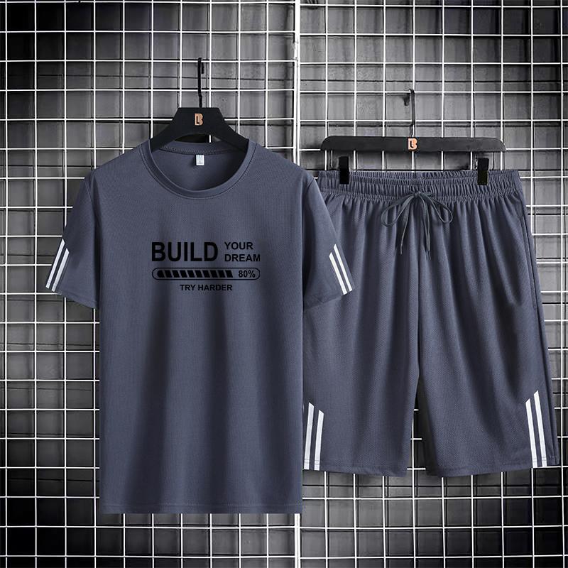 Ice Silk Quick Drying Sports Set Couple Three Bars Summer Thin Breathable Trendy Printed Short Sleeve Shorts Set of Two
