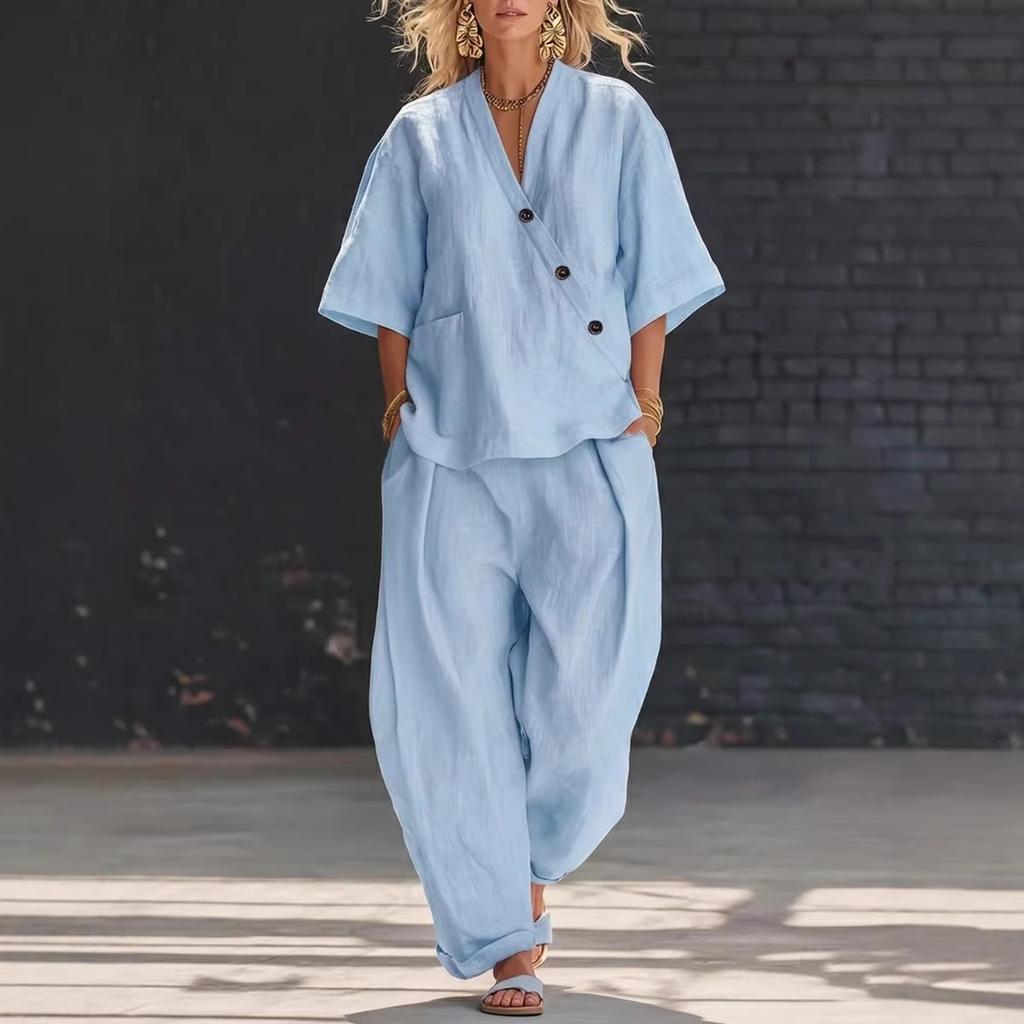 Women's Linen V-Neck Short Sleeve Top and Wide Leg Pants Set in 5 Colors