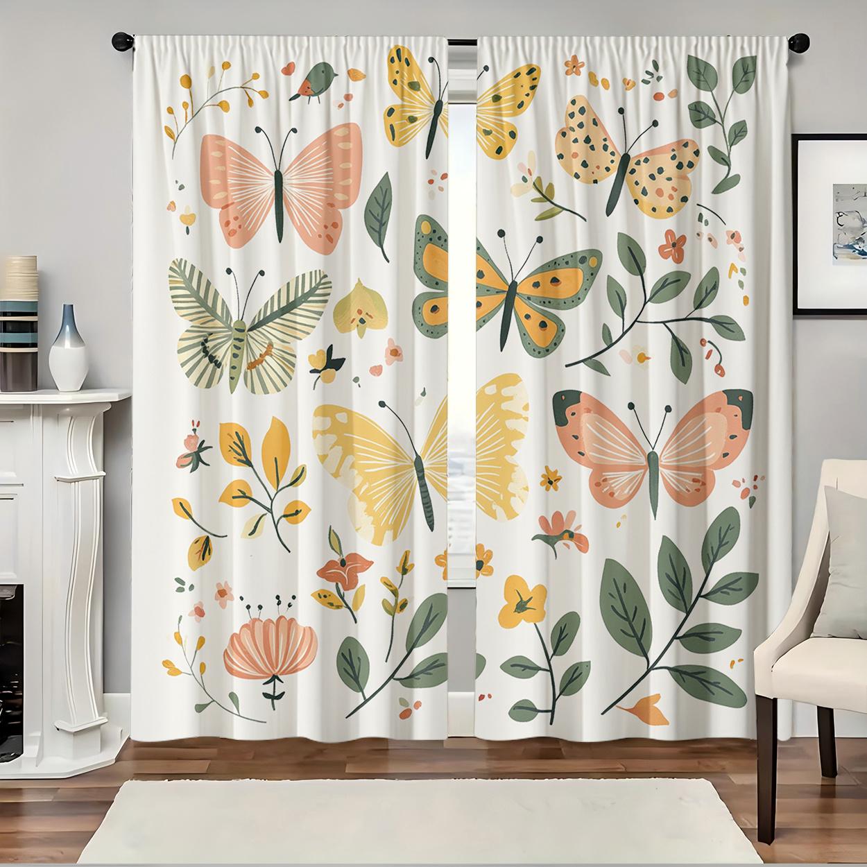 2pcs Vibrant Floral & Butterfly Print Light-Filtering Curtains - High-Resolution Digital Design, Polyester, Rod Pocket for Easy 60×150cm