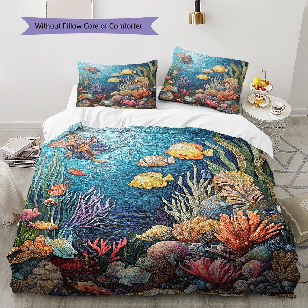 Ocean Fish Pattern Bedding Quilt Set Home Decoration Gift (1 * Duvet Cover + 2 * Pillowcase Without Core)