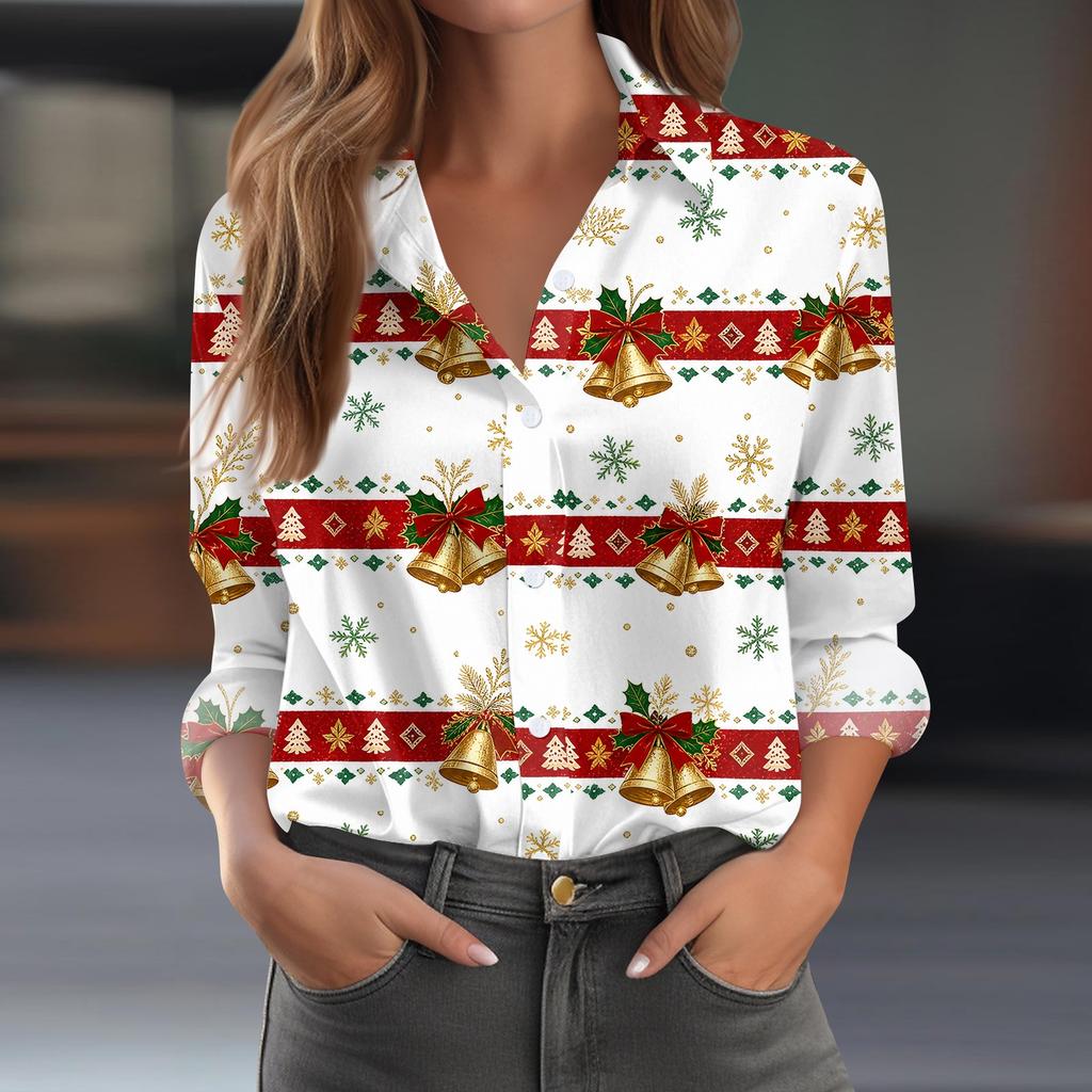 Women's Casual Christmas Print Long Sleeve Button Down Shirt with Fit