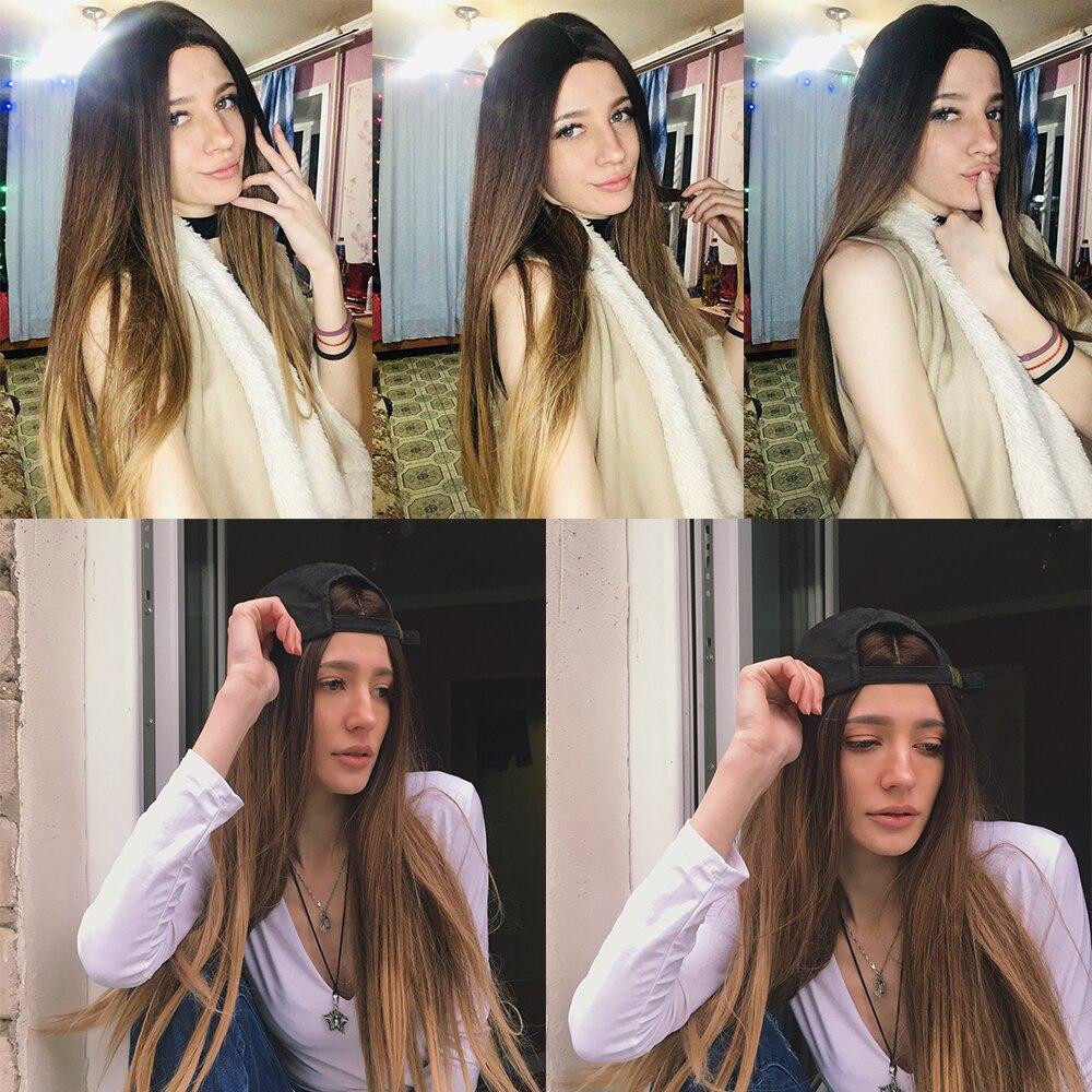 HAIRCUBE Long Straight Brown Ombre Natural Hair Wigs Middle Part Heat Resistant Synthetic Wigs for Afro Women Daily Cosplay Fashion Wigs