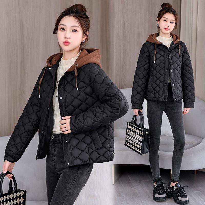 Diamond lattice down cotton jacket women's short autumn and winter new light and light padded cotton jacket hooded padded jacket