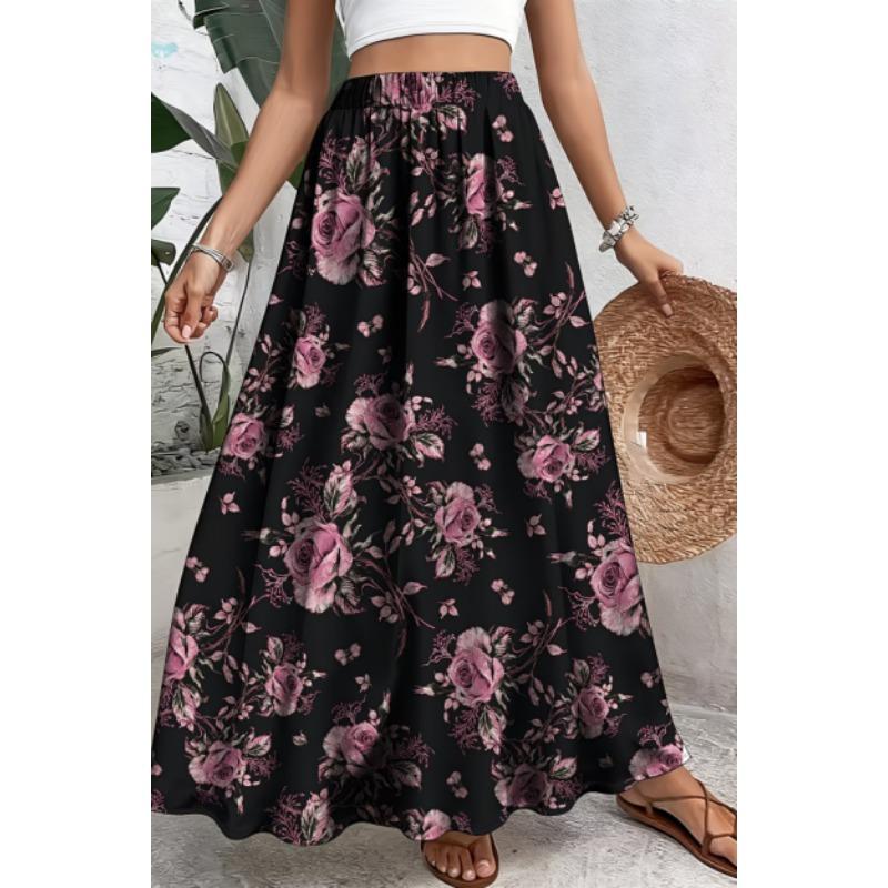 Bedruckter Design Rot & Weiß Kleiner Blumenprint Ganzjahres Damen Maxirock, Boho Elastischer Bund Fließender Halbrock