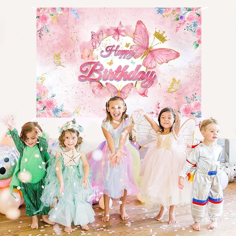 Pink Purple Butterfly Flower Birthday Backdrop Banner Butterfly Birthday Party Decoration Kids Wedding Birthday Girl Baby Shower