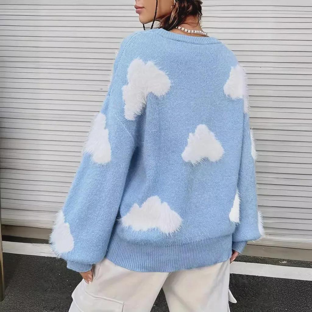 2024 Roztomilý svetr s pleteným vzorem větru a mraků s kulatým výstřihem