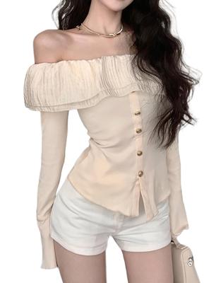 TOWYYO Lang Süß Geschnitten und Kurz Koreanisch Beige Damen Off-Shoulder T-Shirt, Ärmel, 2-Wege Glockenärmel, Oberteil, Genäht, Länge, Stil, Modisch, Sexy,