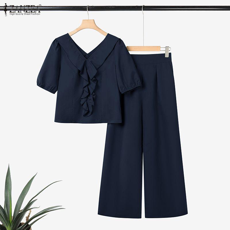 ZANZEA Bluză și pantaloni cu mâneci scurte pentru femei Seturi de costume din două piese de vară