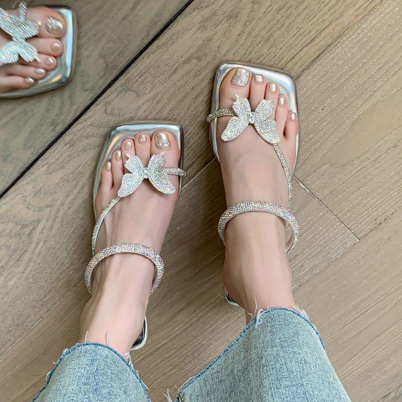 2025 summer fashion new design open-toed slippers fairy style bow rhinestone high heel cool slippers