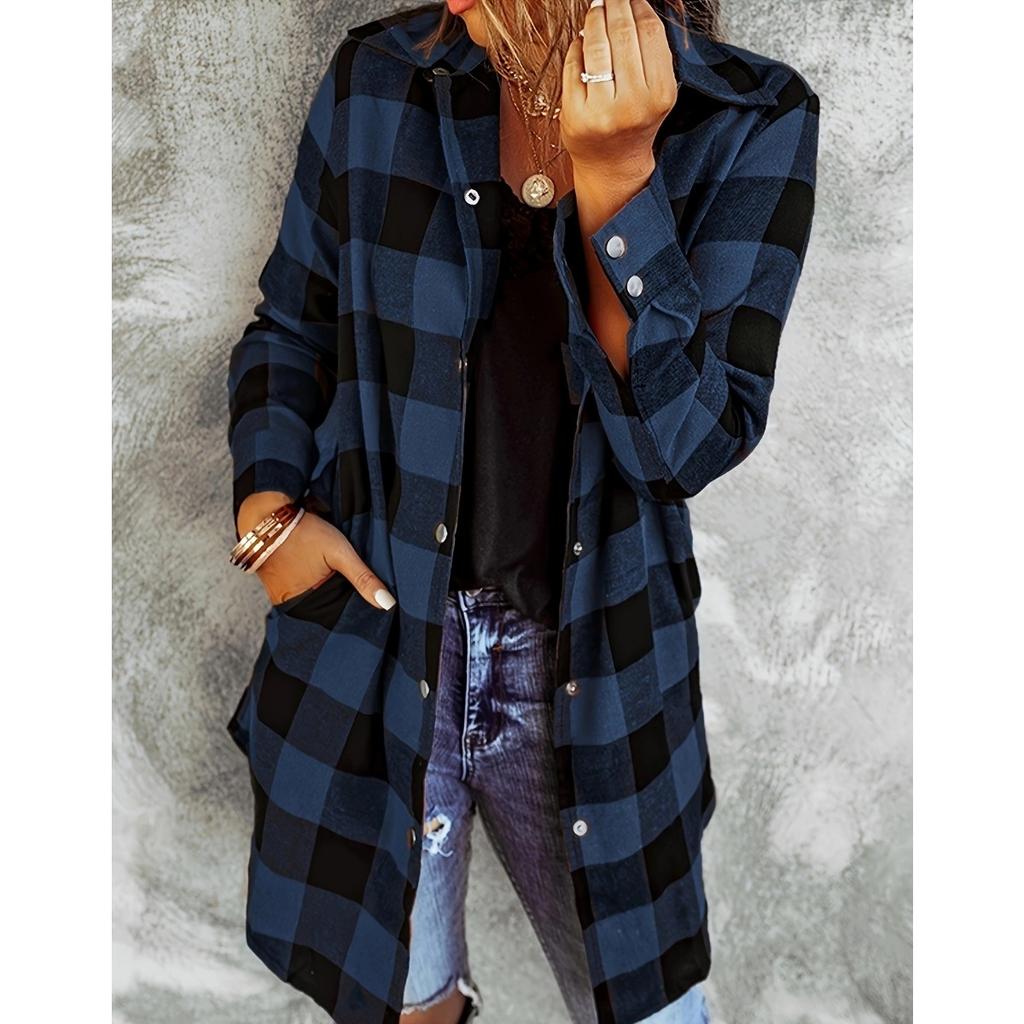 Fall Winter Vintage Plaid Long Sleeve Lapel Women's Loose Casual Shirt Jacket, Leisure Outerwear