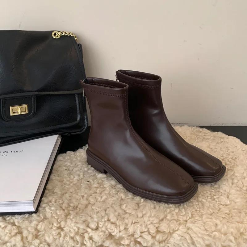 2024 Skinny Short Boots Female Head Knight Middle Heel Star Style Soft Leather  Boots Thick Heel Long Boots Platform Shoes