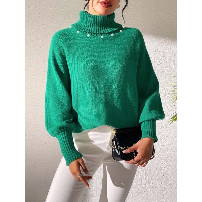 Womens High Neck Knit Sweater Solid Color Pearl Embellished Long Sleeve Pullover Winter Casual Streetwear
