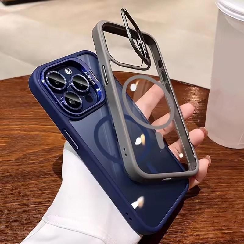 Metal Holder Phone Case For iPhone 17 16 15 14 13 12 11 Pro Max Plus Air For Magsafe Transparent Magnetic Lens Protection Cover