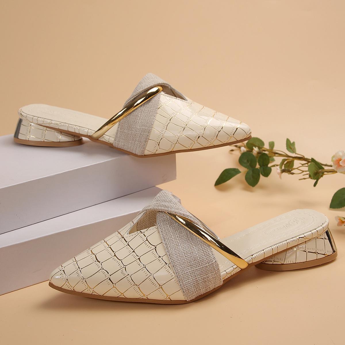 

Тапочки, летняя женская обувь, новая французская полусумка с V-образным вырезом и толстым каблуком с заостренным носком 42 бежевый