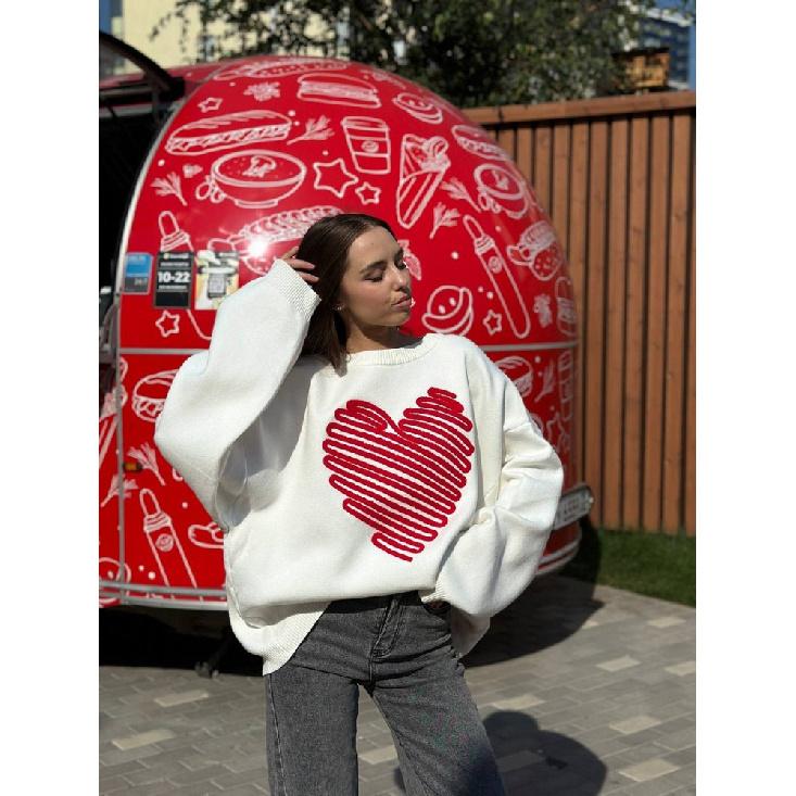 Dámské svetry s výšivkou srdce Valentýnský ležérní svetr s dlouhým rukávem a kulatým výstřihem Volné pulovrové topy Podzim Zima Měkký pletený kabát