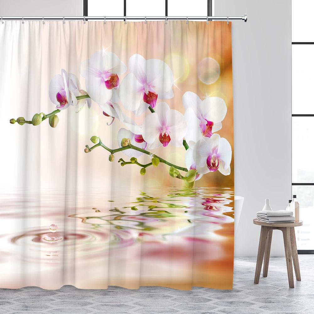 Zen Shower Curtain Green Bamboo Buddha Pink Orchid Lotus Swan Spa Nature Scenery Bathroom Curtains Fabric Home Decor with Hooks