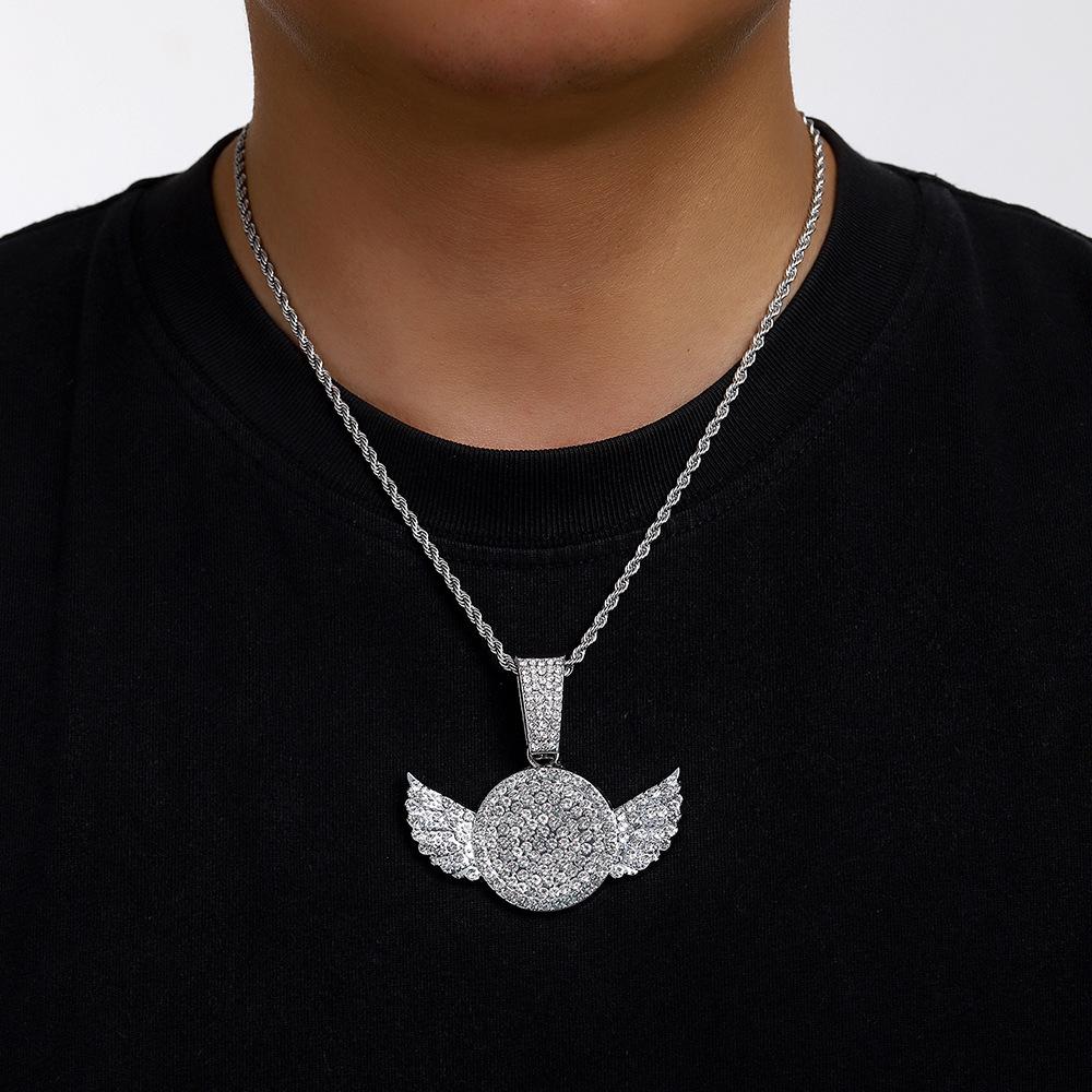 New Creative Full Diamond Wings Alloy Pendant, European and American Trendy Necklace, Hip Hop Cuban Chain Necklace
