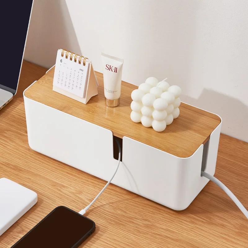 Cable Management Box Bamboo Cover Wire Junction Board Storage Box Hide Wires Power Strips Desk Computer Cable Organizer Box